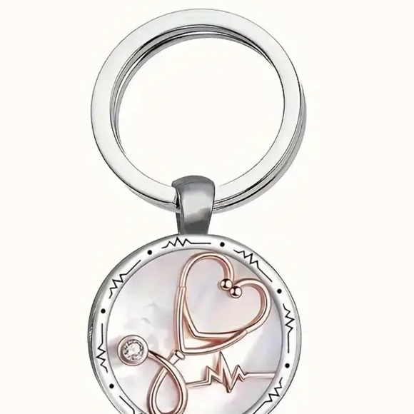Keychain Silver and Rose Gold Stethoscope Heartbeat Design NIP - Picture 2 of 3